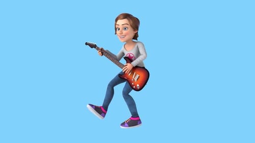 Energetic 3D Cartoon Girl Playing Electric Guitar