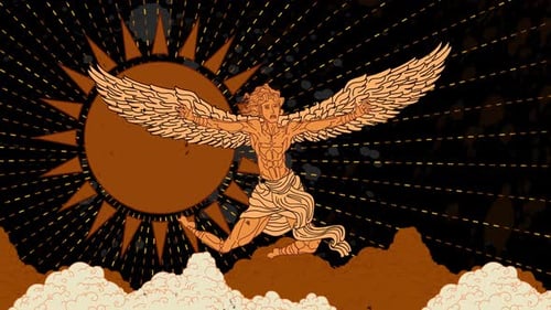 Icarus flying too close to the sun in ancient Greek vase art style