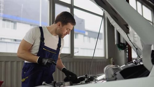 Worker Checks the Engine Oil Level Car Service