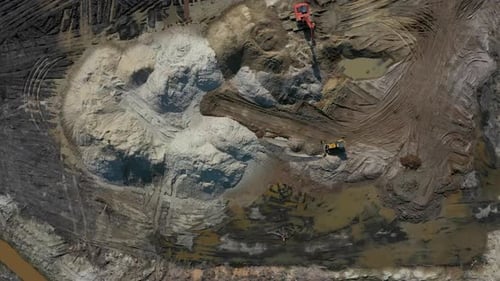 Bulldozer and Excavator Working in a Dirt Pit