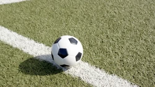 Soccer ball resting on grass field near white line, ready for game, copy space