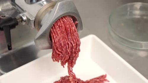 Ground Meat Being Extruded from a Meat Grinder
