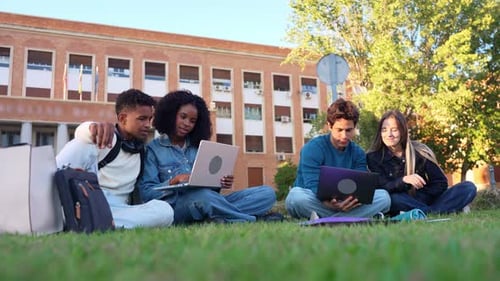 Multiracial College Students Studying Together Outdoors on Campus