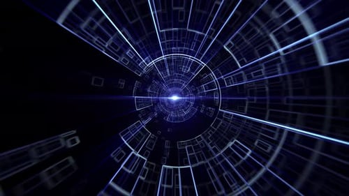 Abstract animation of flying through glowing blue tunnel with square shaped digital elements