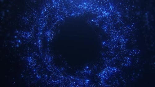 4K 60FPS seamless loop of blue digital particles forming a futuristic vortex ring