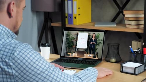 Businessman in Home Office Talk Manager Company Online Video Call Meeting Laptop