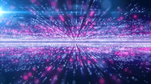 Abstract purple energy hi-tech lines and digital particles fly in a tunnel with bokeh effect glowing