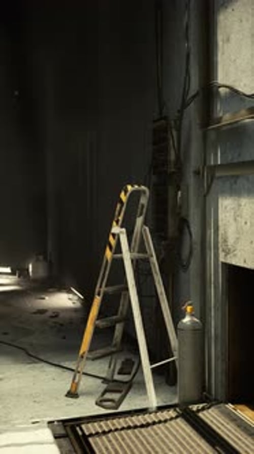 Old Ladder Stands Beside a Wall with Faint Light Shining in Dark Space