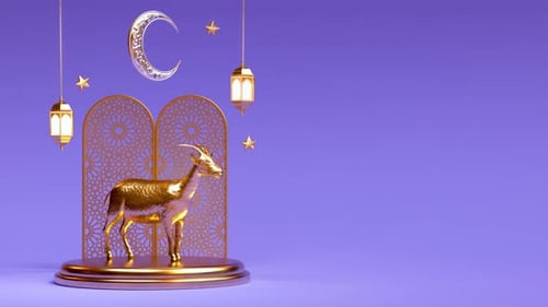 Eid Al Adha Mubarak greeting video loop. Islamic theme background with golden goat