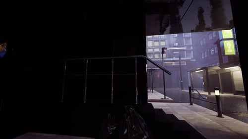 Wet City Alley Illuminated By Neon Signs 4K