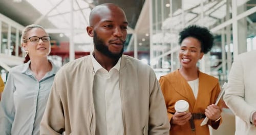 Teamwork, leadership and business people with manager walking in office for advice