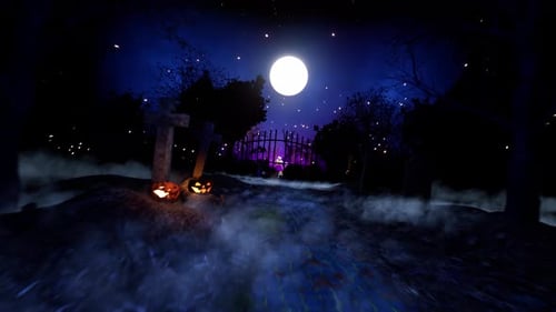 Halloween Spooky Graveyard Scene with Dancing Skeleton