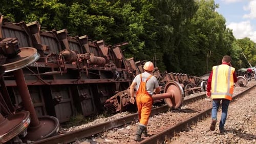 Technicians work at train engine repair shop. Machinery and engineering.