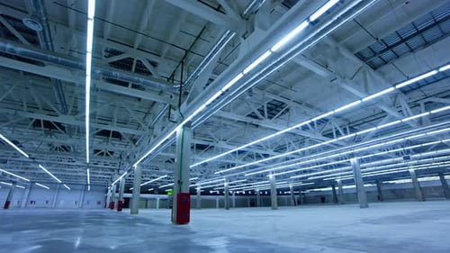 Exploring the Vast Empty Warehouse Illuminated By Bright Overhead Lights