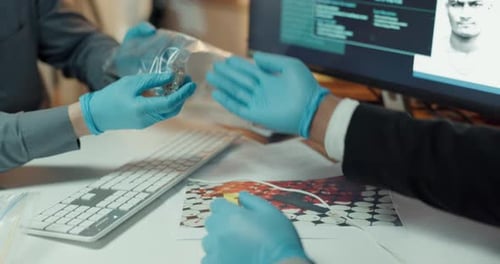 Evidence Analysis by Investigators in Gloves at Office Desk