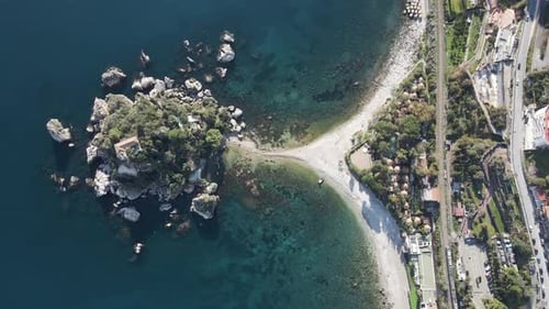 Aerial view of Isola Bella, Taormina, Messina, Sicily, Italy.