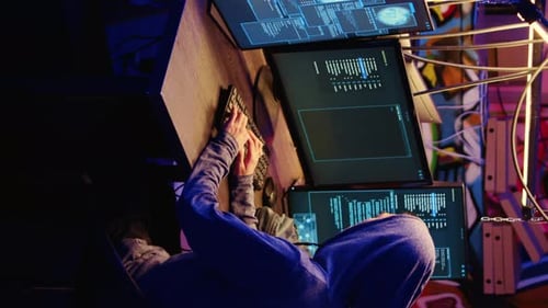 Hacker Coding at Computer in Graffiti Room