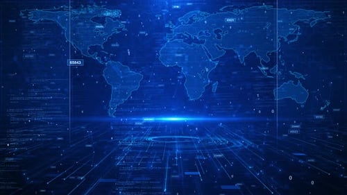 Digital world map hologram cyberspace Technology concept background. Big data artificial intelligenc