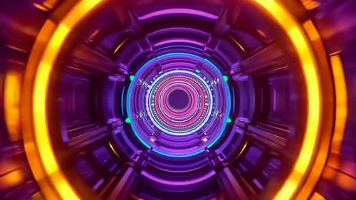 Futuristische Neon-Tunnelschleife mit leuchtenden kreisförmigen Ringen und