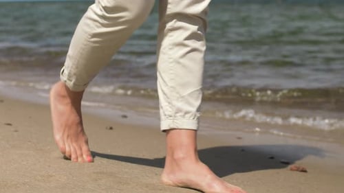 Barefoot Woman Walking Summer Beach