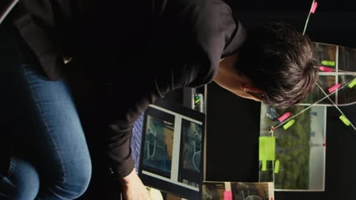 Un agent de droit vidéo vertical examine des photos de surveillance