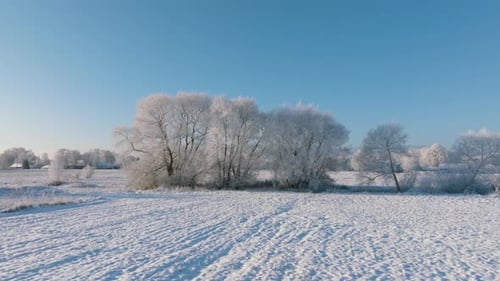 Aerial establishing view of a rural landscape in winter, snow covered countryside fields and trees,