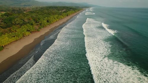 Costa Rica coastline with turquoise sea waves and rainforest meeting sandy beach