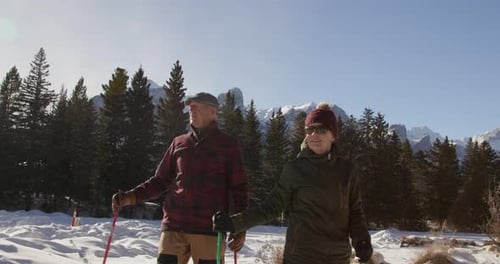 Senior Couple Cross Country Skiing in Winter Forest