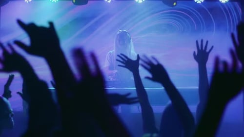 Dj Plays Disco Music On Turntable At Night Club Scene. Partying Joyful Crowd Moves In Hip-Hop Rhy...