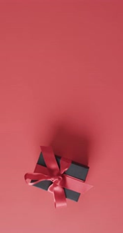 Wrapped Gift Box with Pink Ribbon on Pink Background