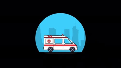 Flat Design Animated Ambulance Driving with City Background