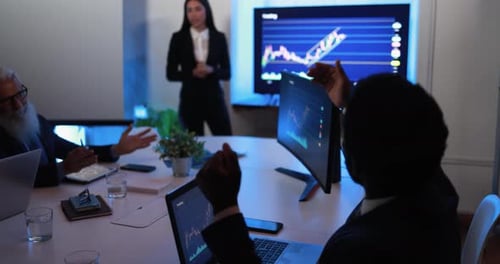 Business People Talking About New Trading Strategies Inside Bank Meeting Room Analysis