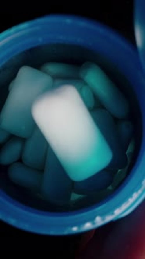 Vertical video. In slow motion, a single white gum tablet falls into an open blue container held by