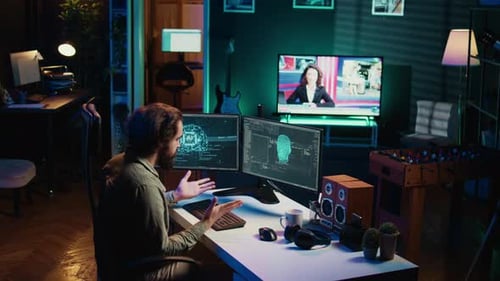 Man Working at Computer Late at Night