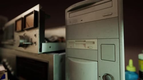 Vintage Computer Tower and Audio Equipment with Opening Disk Drive