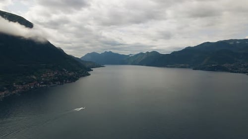 Aerial view of Lake Como and mountains, Italy.