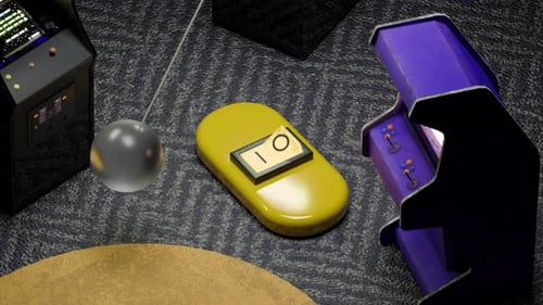 Yellow device with timer next to purple object