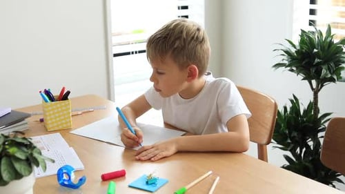 Cute Boy Doing School Homework at Home Distance Education Online Education