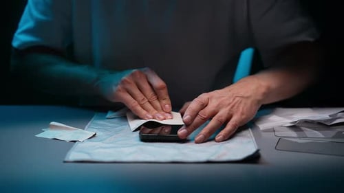 Cropped Shot of Unrecognizable Repairman Carefully Applying New Screen Protector to Smartphone