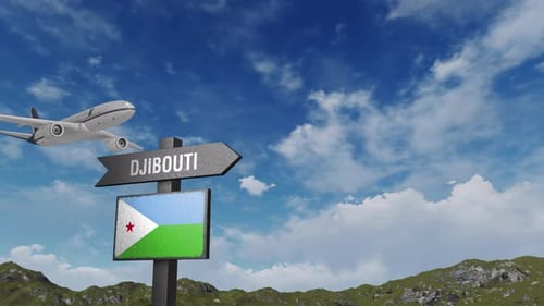 Djibouti Flag With Airplane And Arrow Sign