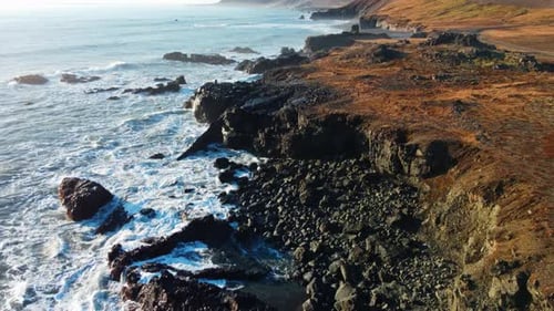 Scenic Ocean Coast Background Pure Volcanic Landscape in North Iceland Cinematic Aerial View of Wild