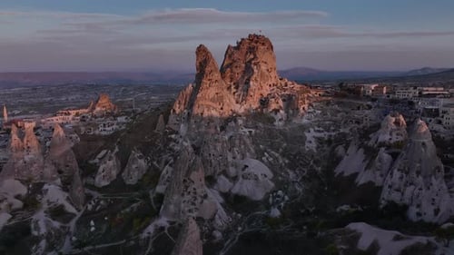 Uchhisar Castle In Cappadocia, At Sunset, Turkey