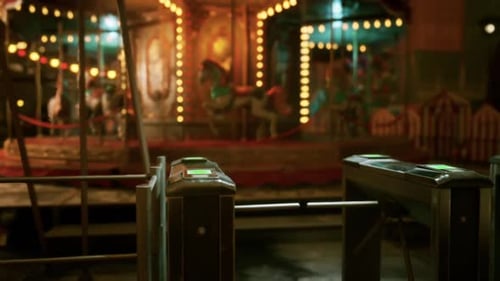 Empty Amusement Park at Night with Illuminated Carnival Rides and Stillness