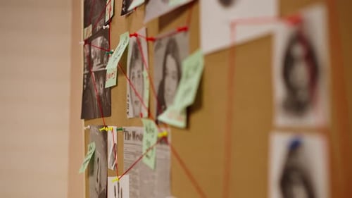 en la oficina del detective, en la pared luminosa, hay un gran tablón de anuncios de corcho con documentos y fotos