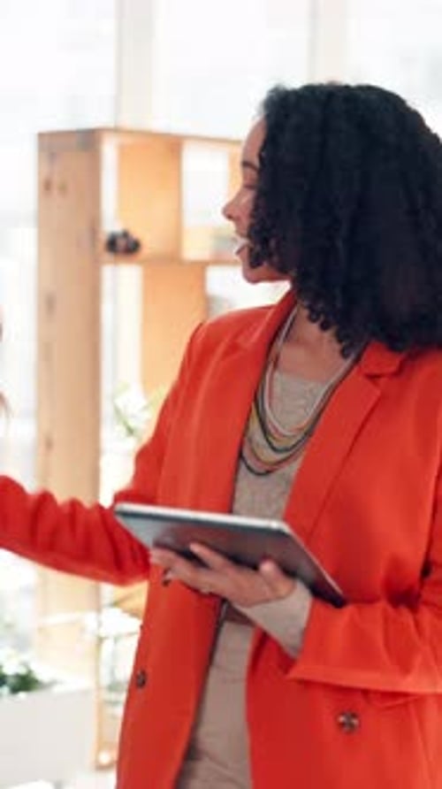 Tablet, business woman and high five in office for greeting, motivation and support