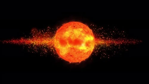 Fiery Sun Orb with Glowing Particle Stream in Space
