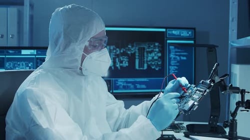 Microelectronics Engineer Works in a Modern Scientific Laboratory on Computing Systems and