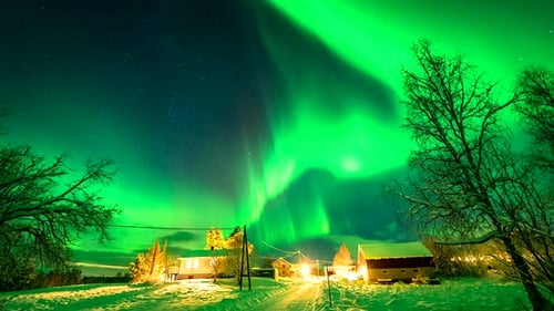 Timelapse of green aurora borealis in starry sky in winter over houses, Norway
