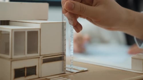 Skilled professional engineer hand using ruler measure house model. Immaculate.