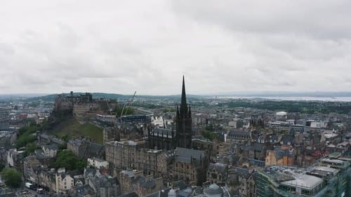 Amazing aerial cityscape of Edinburgh, Scotland. Historic town and heritage buildings.